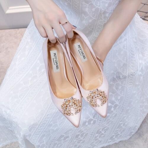2021 New Women High Heels Wedding Shoes Bridesmaid Party Silk Female Shoe Rhinestone Brand Fashion Design Large Size