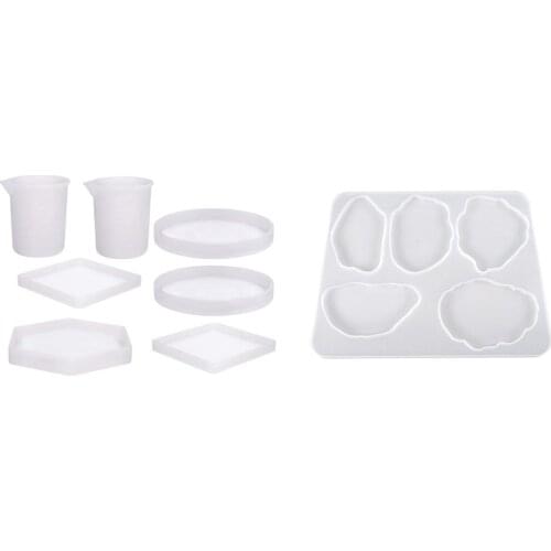 5pcs Coaster Molds Round Hexagon and Square with 2 Measurement Cup & 1pcs Agate Slice Silicone Coaster Mold with 5-Cavit