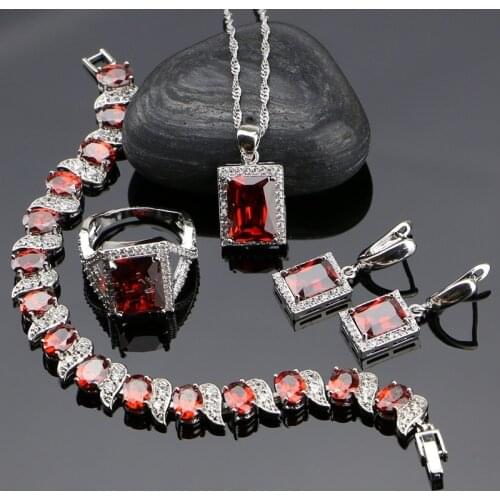 925 Silver Jewelry Red Cubic Zirconia White Beads Jewelery Sets For Russian Women Bracelet/Earrings/Ring/Pendant/Necklace
