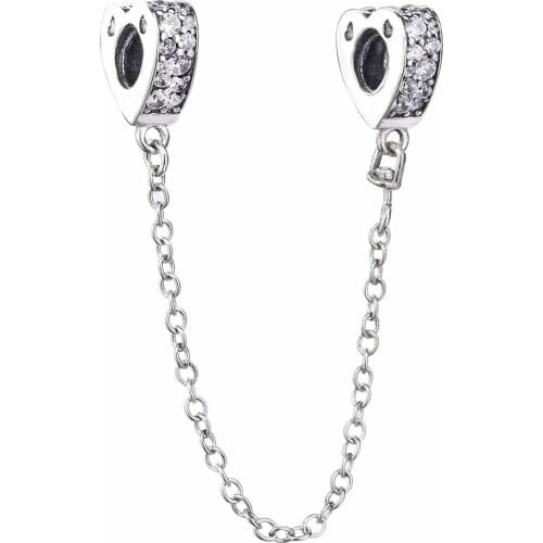 Ajax Real 925 Sterling Silver Heart Safety Chain Charm For Women Bracelet Fashion Jewelry Accessories Beads Decoration