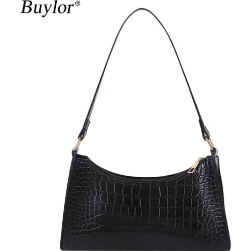 Buylor Women Shoulder Bag Retro Crocodile Pattern PU Leather Underarm Bag Fashion Casual Baguette Bag All-Match Female Handbag