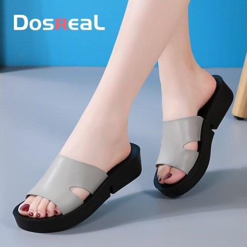 DOSREAL Summer Slippers For Women Retro Leather Wedge Sandals Hollow Open Toe Non-slip Slides Sandal Casual Ladies Beach Shoes
