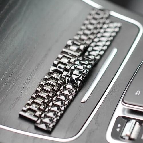 14mm 16mm 18mm Smooth Shiny Black Ceramic Watch Strap Bracelet Stainless Steel Butterfly Buckle Replacement Ceramic Watchband