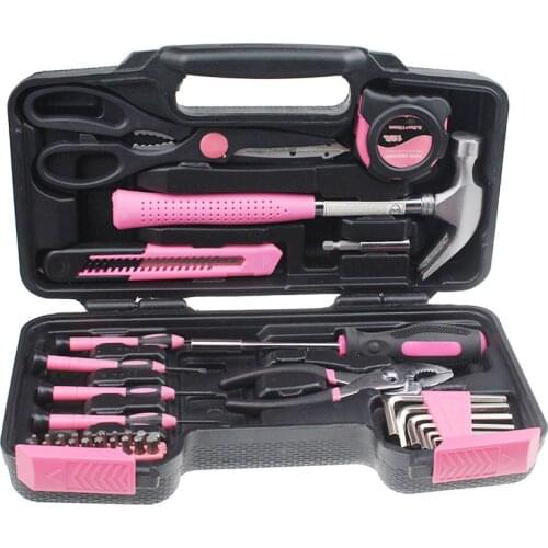 Pink 39 Piece DIY Household Home Hand Tool Set Kit Box With Hard Storage Case