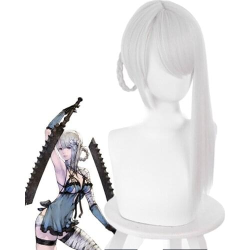 NieR Kaine Cosplay Wig NieR RepliCant Cosplay Sliver White Braided Wigs with Bangs Synthetic Hair Heat Resistant + Wig Cap