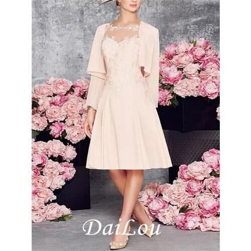 A-Line Mother of the Bride Dress Wrap Included Jewel Neck Knee Length Chiffon Lace Long Sleeve with Appliques Ruching 2021