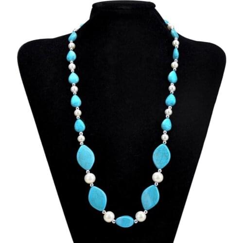 Silver Plated Stackable Green Turquoises Stone Pendant with Artificial Pearl Necklace Decoration Jewelry