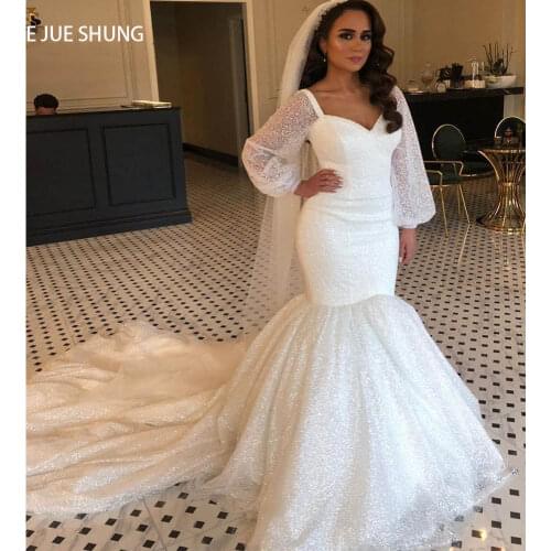 E JUE SHUNG Bling Mermaid Wedding Dresses Sweetheart Puff Long Sleeves Luxury Wedding Gowns