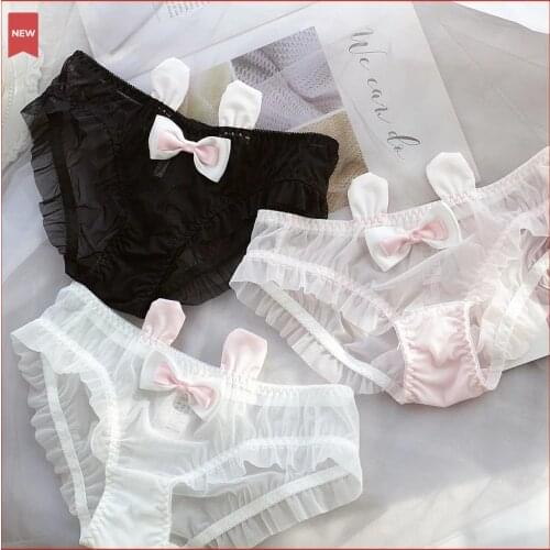 Kawaii womans Panties Sexy Lingerie Girls Cartoon Lace Mesh Bunny ears Briefs Transparent womens underpants low waist