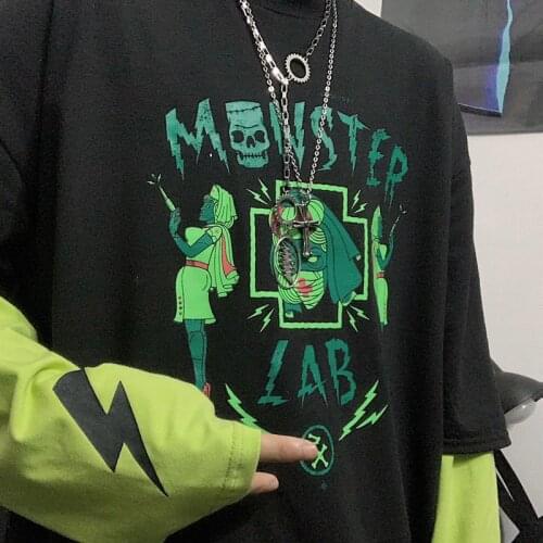 Harajuku Streetwear Skull Lightning Letters Print Fake Two Pieces Patchwork Loose Long Sleeve Hip Hop T-shirt Graphic T Shirts