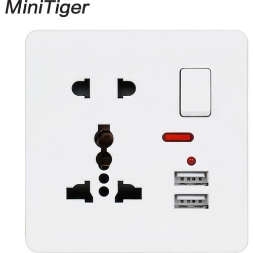 Minitiger Wall Power Socket 13A Universal 5 Hole Switched Outlet 2.1A Dual USB Charger Port LED indicator Curved surface
