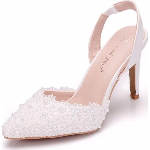 Women sandals wedding banquet Lace PU Rhinestones Slip On 9CM Thin High heels Pointed Toe sandal women shoes 2020 size 35-42