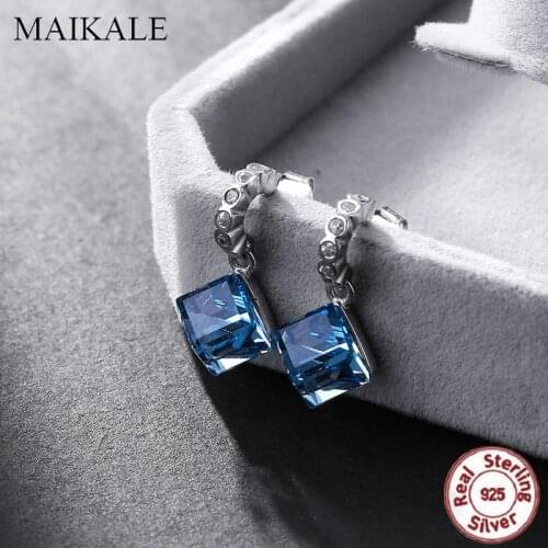 MAIKALE Luxury 925 Sterling Silver Stud Earrings for Women Square Blue Austrian Crystal Zirconia Earring Wedding Jewelry Gift