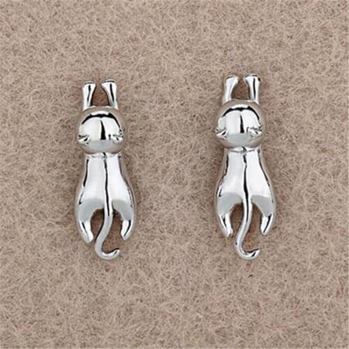 925 Sterling Silver Cute Cat Stud Earrings For Women Romantic Wedding Jewelry Brincos Pendientes eh309
