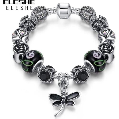 ELESHE Silver Plated Butterfly Feather Angel Wings Charm Bracelet for Women Murano Glass Beads Bracelet&Bangles Clearance Sale