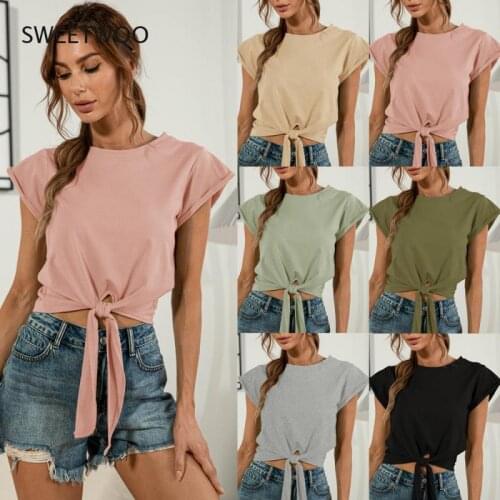 Women Crop T-Shirt Summer Solid O Neck Short Sleeve Waist Tie Up Tees 2021 Casual Crop Tops Ladies Korean Slim Black Tshirt Tops