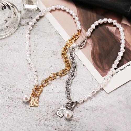 New Punk Irregular Pearl Chain Choker Necklace For Women Asymmetric Lock Pearl Pendant Necklaces 2021 Trend Jewelry