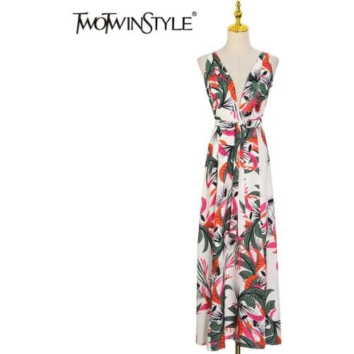 TWOTWINSTYLE Print Beach Style Sling Dress For Women V Neck Sleeveless High Waist Hit Color Summer Dresses Female Fashion New