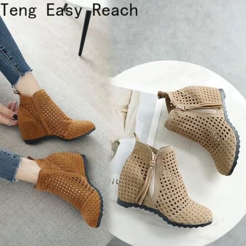 Platform openwork Womens Ankle Boots Autumn Wedge Heels Short Boots brown Red Black Flock Ankle Boots For Women Party Shoes