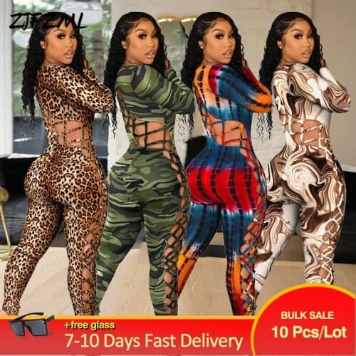 Bulk Items Wholesale Lots Sexy Low Neck Lace-up Jumpsuit Autumn Full Sleeve Biker Bodysuit Active Wear Leopard Print Overalls