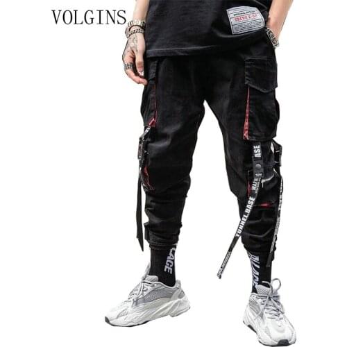 Streetwear Hip Hop Cargo Pants Pockets Men Casual Harajuku Harem Pants Pockets Ribbons Joggers Pants Black HipHop Sweatpants