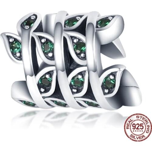 925 Sterling Silver Emerald Green Leaf Beads and Charms Original Pandora Bracelets and Bangle Making Fashion DIY Womens Jewelry