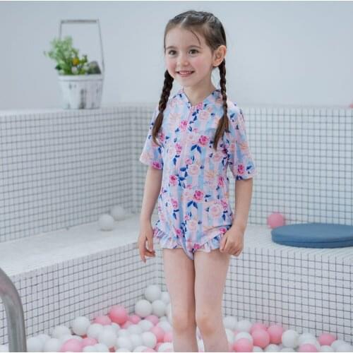 Hollead Girls One-Piece Swimwear Kids Short Sleeve Zip Tops Lovely Print Bikini Hawaii Outdoor Beach Vacation Swimming Clothes