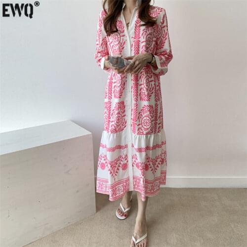 [EWQ] 2021 Spring Korean Chic Long Casual Stand Collar Panelled Print Robe Dress Single Breasted Loose Straight Blouse Dresses