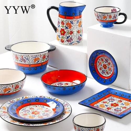 European-Style Ceramic Tableware Retro Pattern Western Dishes Household Rice Soup Bowls Dishes Flat Plates Dinnerwear Set
