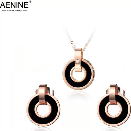 AENINE Black/Pink Acrylic Double Circle Earrings Necklace Sets Rose Gold Stainless Steel Wedding Set Jewelry For Women ASE006