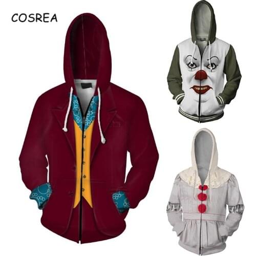 Movie Joker Hoodie Cosplay Pennywise Costume Clown Joker Hip Hop Hoodies Sweatshirt Unisex Hooded Tops Mens Clothes Boys