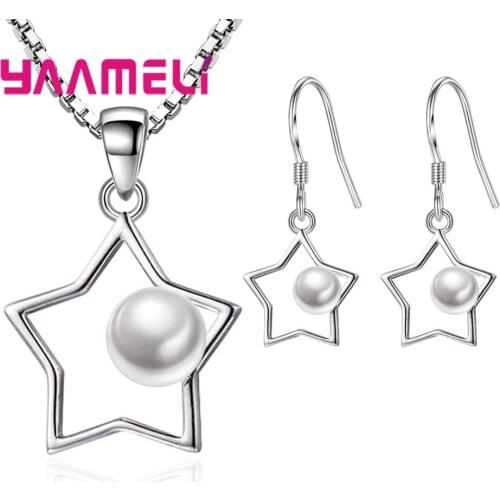 Nice Five-pointed Star Jewelry Sets 925 Sterling Silver Metal White Pearl Pendant Necklace French Hook Earrings for Lady