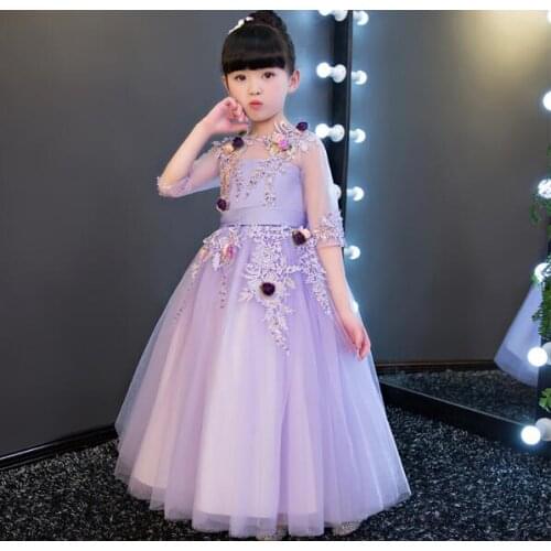1-14Y Christmas Violet Lace Girls Wedding Dress flower Girl Dress Bead Half Sleeve Girls Prom Formal Dress First Communion Gown