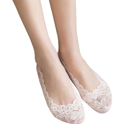 5 Pairs Summer Women Girls Silica Gel Lace Boat Socks Invisible Cotton Sole Non-slip Antiskid Slippers Anti-Slip Sock Lady Sexy