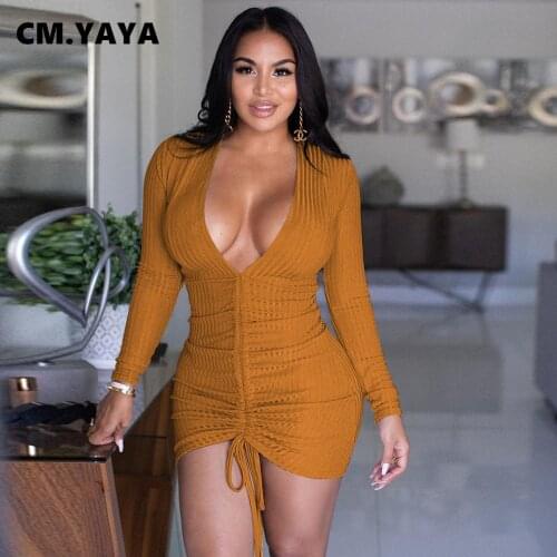 CM.YAYA Mini Dress Solid Full Sleeve V-neck Draw String Stretchy Skinny Bodycon Dresses Sexy Night Clubwear Fashion Outfits Fall