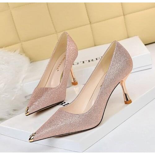 Fashion Sexy Nightclub Slim Shiny Sequined Cloth High Heels Metal Rhinestone Pointed Toe Womens Single Shoes