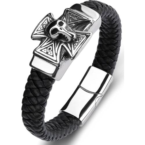 Fashion Braided Leather Skull Cross Bracelet Male Retro Charm Jewelry Stainless Steel Skeleton Bangles Trendy Men Wristband P125