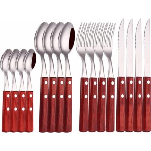 16pcs Wooden Handle Stainless Steel Cutlery Set Coffee Knife Fork Spoon Dinnerware Complete Kitchen Tableware Set Eco Friendly