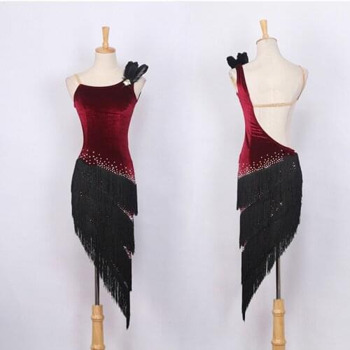 New Oblique Shoulder Tassel Latin Dance Dress Women Costume Custom Female Rumba Cha Cha Dance Dress Ballroom Competition Clothes