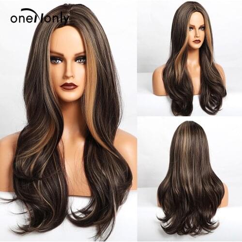 OneNonly Long Natutal Wave Ombre Dark Brown Golden Brown Synthetic Wigs Middle Part for Women Cosplay Natural Wig Heat Resistant