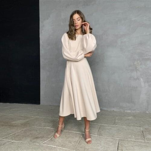 Sexy Backless Party Dress For Women Midi Dress O-neck Lantern Sleeves Casual A-line Elegant Female Clothing Autumn 2021