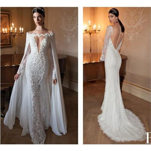 Vestido de noiva sereia 2018 Vintage Lace Beaded Mermaid Long Sleeve Berta Bridal gown With Wrap mother of the bride dresses