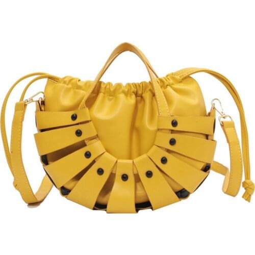 Bright Yellow Hollow Out Handbags for Women Fashion Shoulder Crossbody Bags Luxury Designer Purses Female Casual Rivets Bag