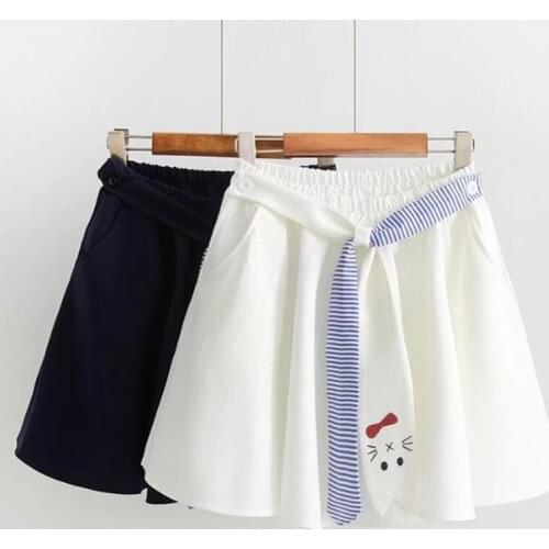 Mori Girl Japanese Preppy Style Funny Elastic A Line Cartoon Cat Tie Belt Summer Short Mini Skirt With Shorts Underneath Cute