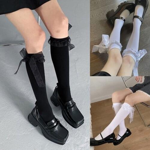Women Girls Harajuku Gothic Calf Socks Japanese Lolita Sweet Satin Long Ribbon Bowknot Kawaii Student Black White Knee High Stoc