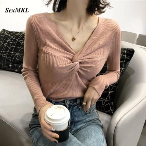 2020 Fashion V-neck Autumn Winter Sweater Women Female Knitted Pullover Sexy Slim Long Sleeve Knitwear Tops Pull Femme Sweaters