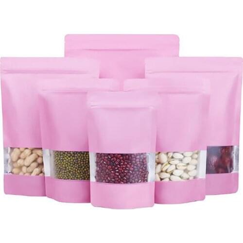 1000Pcs/Lot Pink Aluminum Foil Pouches Food Packaging Window Bags Resealable Grip Seal Zip Stand Up Bag for Grains Tea Nuts Gift