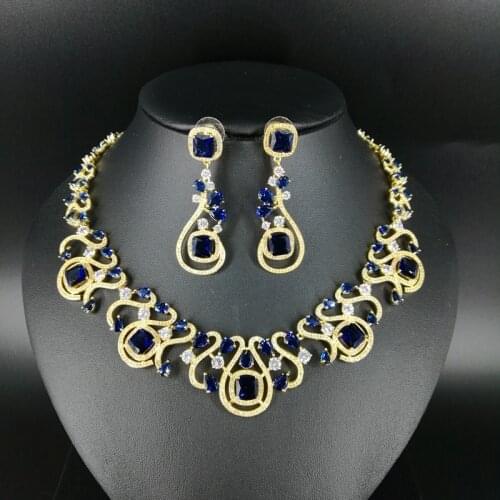 2021 new fashion luxury retro blue zircon golden necklace earring set,wedding bride dinner party banquet dress popular jewelry