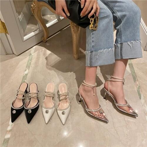 2021 New Baotou Ladies Rhinestone Korean Pearl Strap Pointed Sandals
