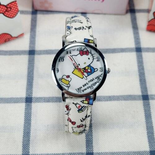 White girl watch kid Watch High Quality Printed strap leather Quartz Watch Children Girls Boys KT accessories Wristwatch Relogio